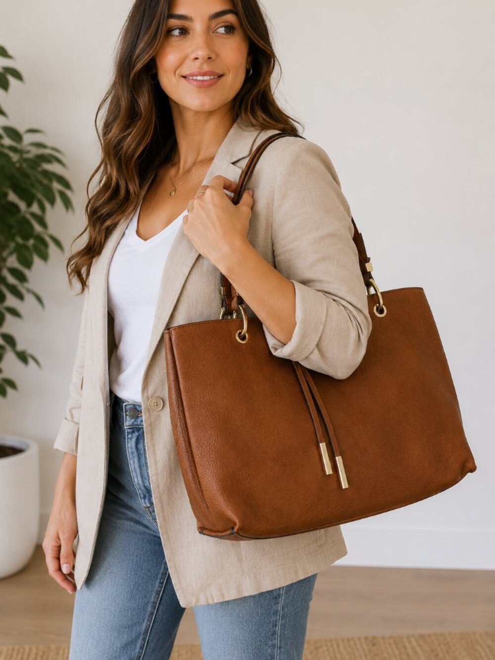 Steve Madden Brown Faux Leather Tote Bag Large Shoulder Purse Gold Hardware